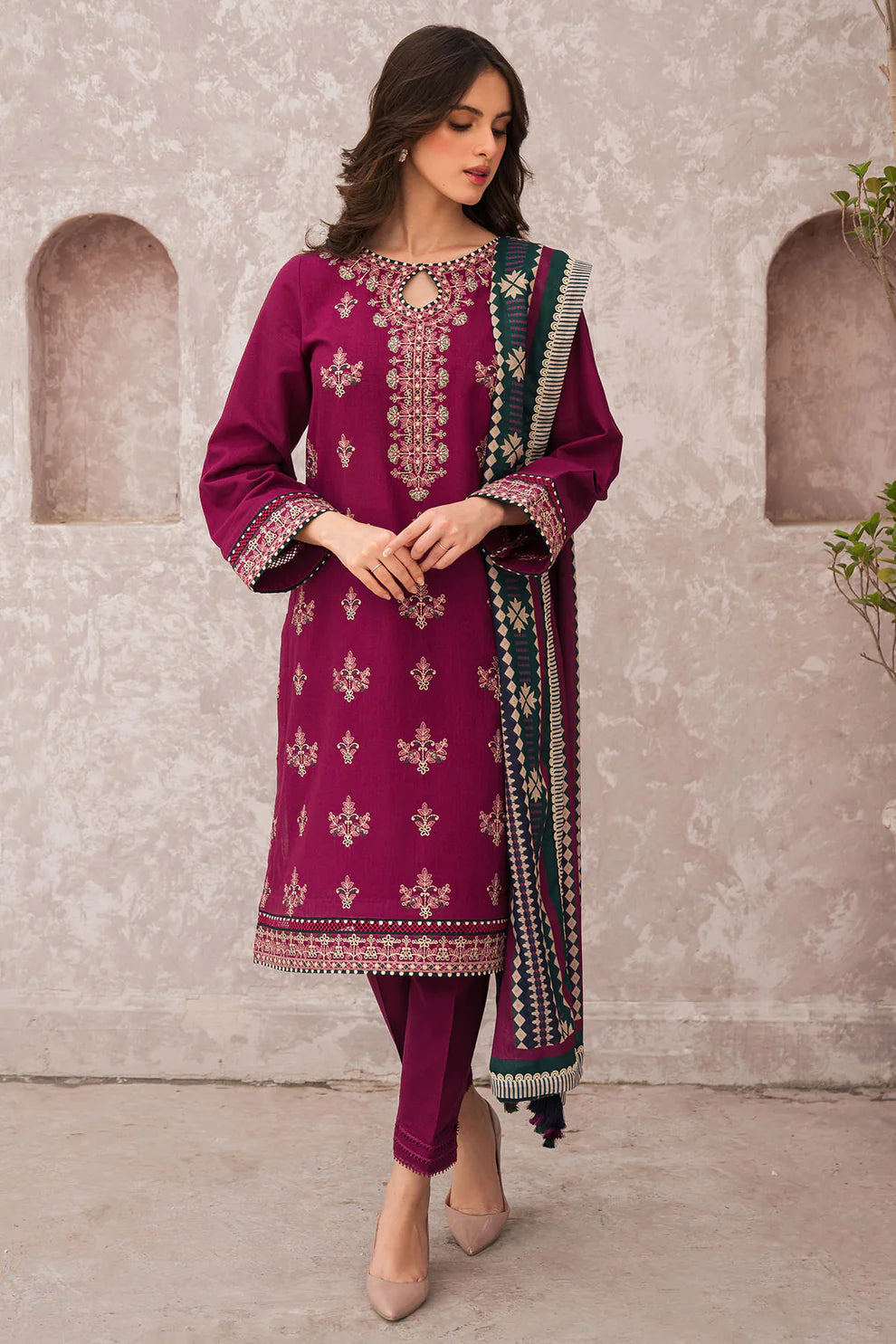 JAZMIN - Dhanak 3-Piece Unstitched Embroidered Suit