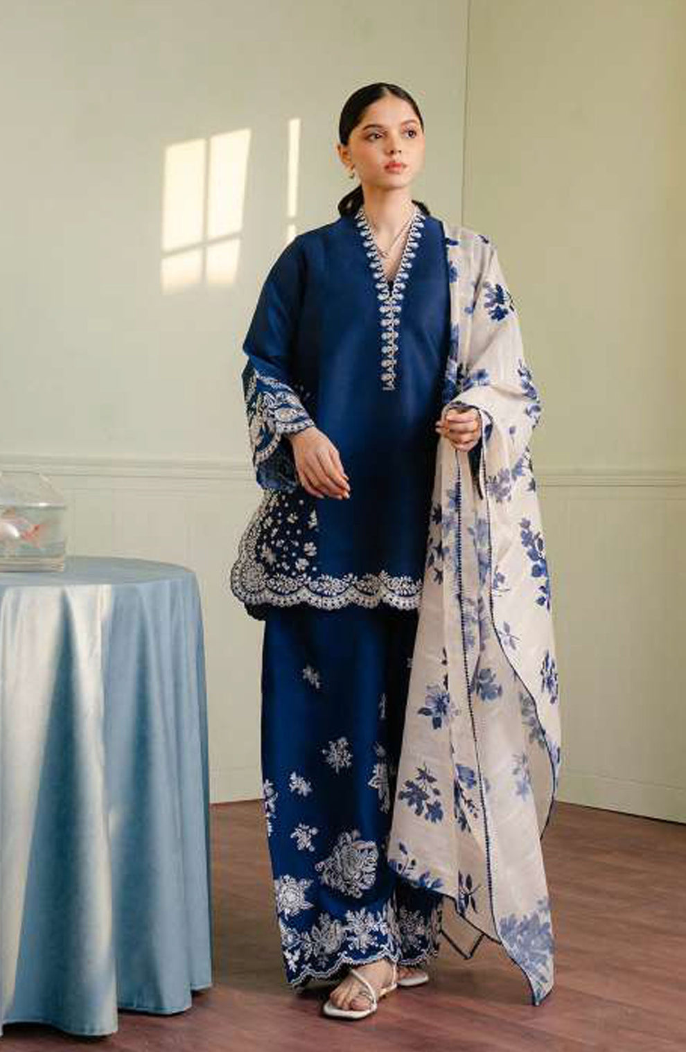 Zara Shahjahan Dhanak 3-Piece Heavy Embroidered Suit with Printed Wool Shawl